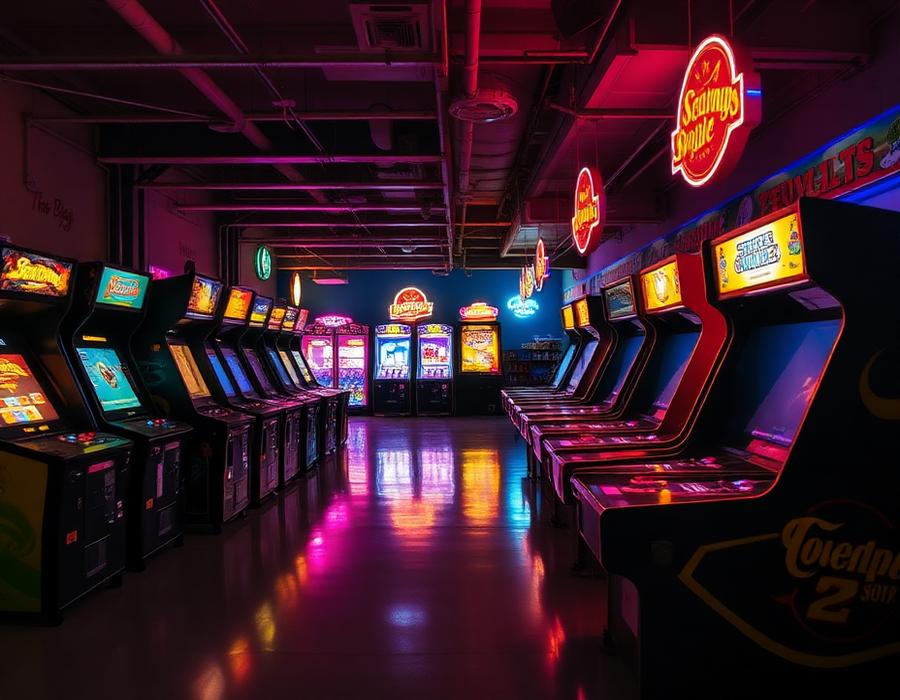 Rows of glowing arcade cabinets in a boardwalk arcade at night