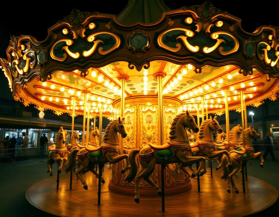Hand-carved horses on an antique carousel lit by hundreds of warm bulbs