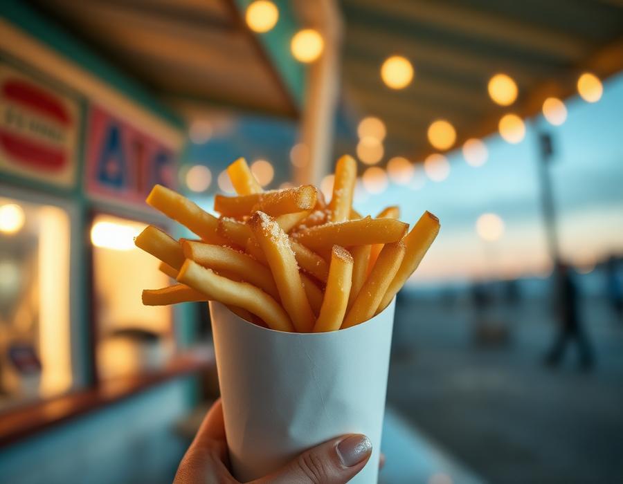 Paper cup of fresh-cut boardwalk french fries dusted with salt