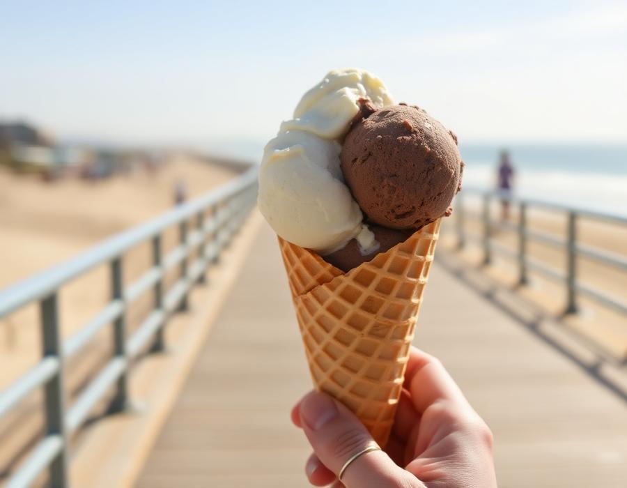 Waffle cone with vanilla and chocolate ice cream held on the boardwalk