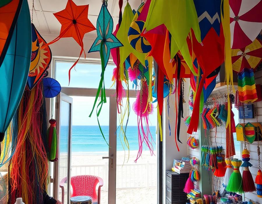 Colorful kites and windsocks hanging in a beachfront kite shop