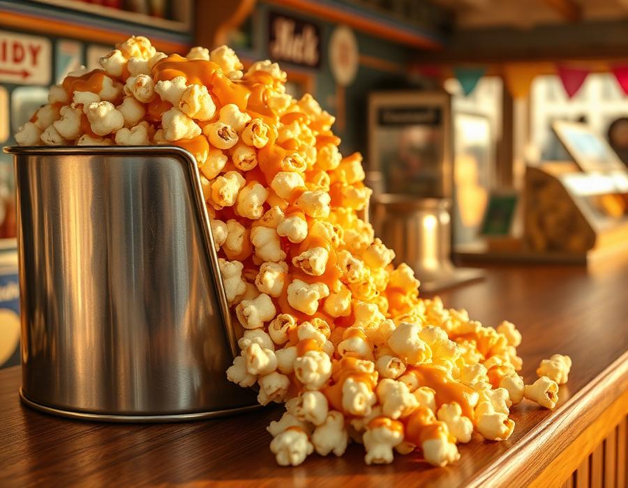 Caramel popcorn spilling out of a large tin tub on a shop counter