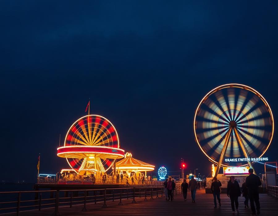 Amusement pier rides and ferris wheel lit up at night