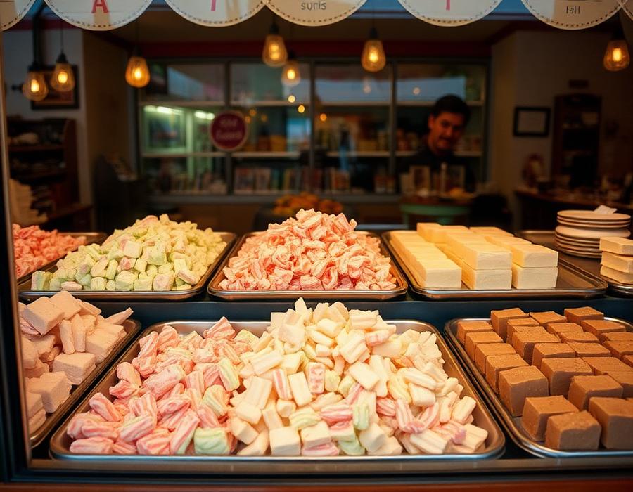 Trays of pastel saltwater taffy and fudge in a seaside candy shop case