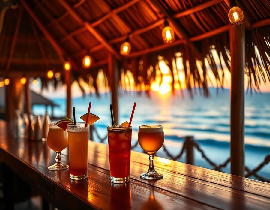 Cocktails on a bayside tiki bar counter at sunset