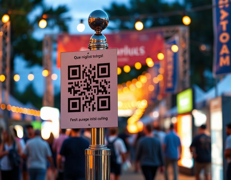 QR code sign on a stanchion at a festival entrance